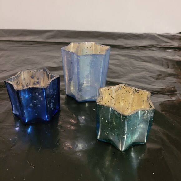 3 start shaped blue colors with carcked silver/gold inside votive - Picture 1 of 8